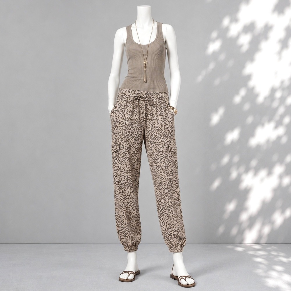 Aerie Leopard Print Linen Blend Joggers L Brown Animal Print Casual Travel Pants